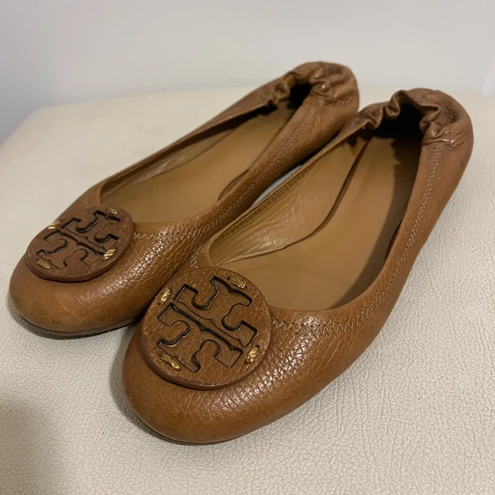 Tory Burch Reva Camel Classic Leather Slip-On Ballet Flats Women’s Size 7.5